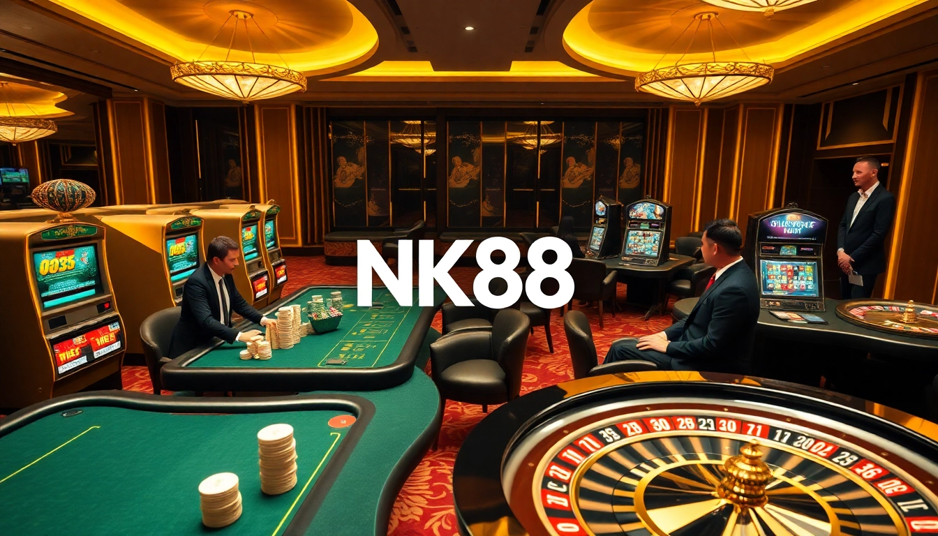 Playing poker at NK88's luxury online casino with vibrant chips and a spinning roulette wheel.