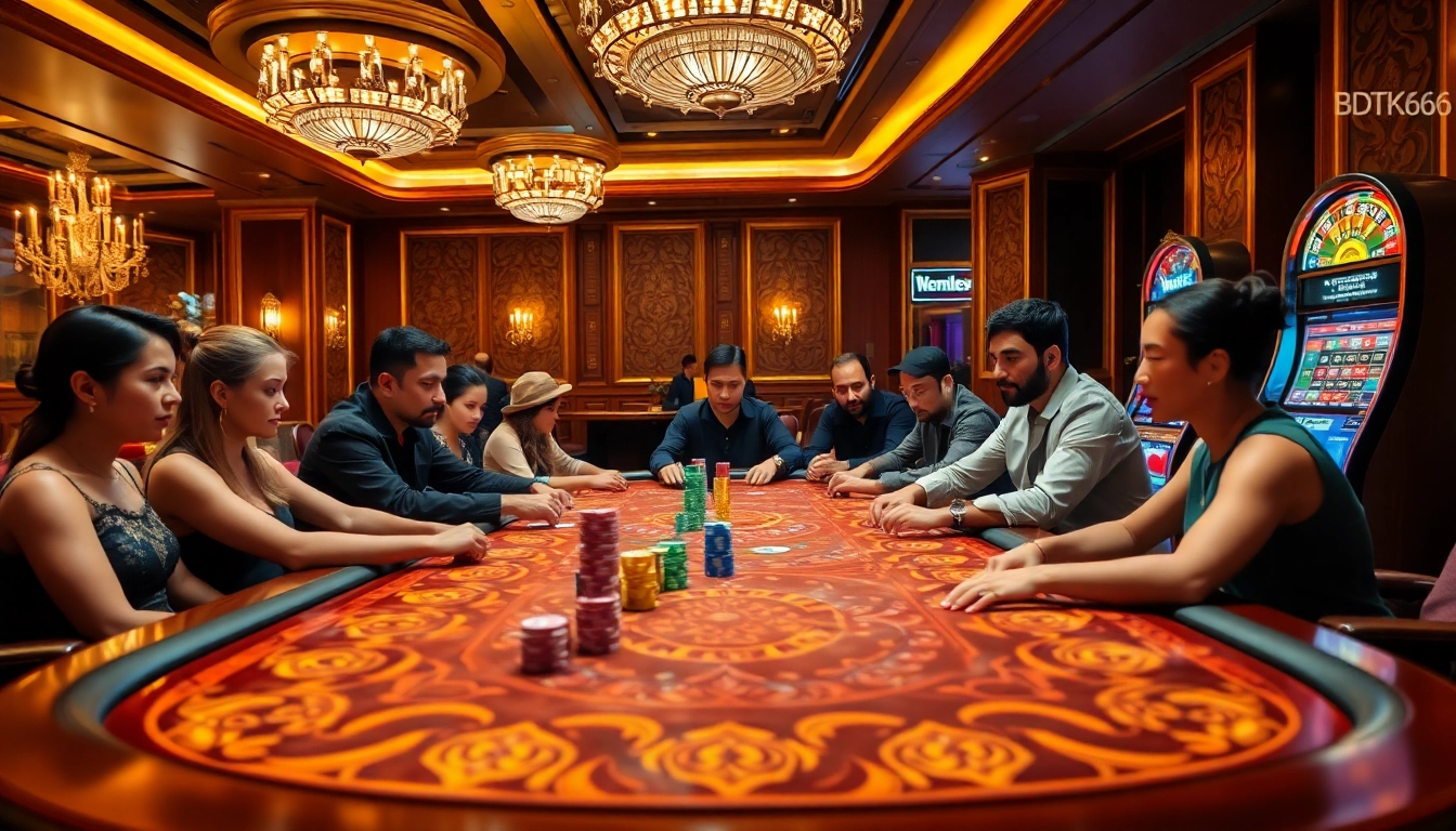 Engaging gameplay at a luxurious casino featuring BDTK666 poker and vibrant roulette.