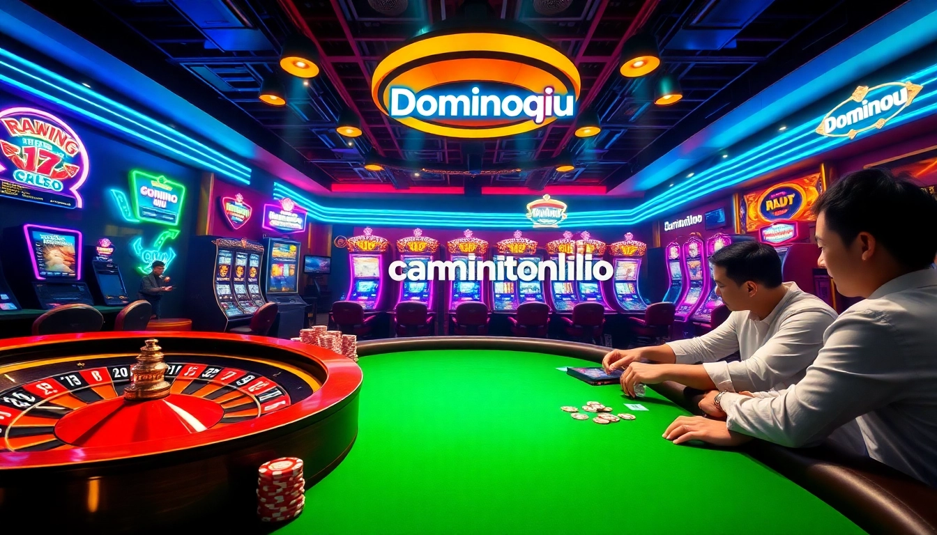 Engage with the Dominoqiu online poker experience amidst a luxurious casino setting featuring vibrant lights and classic gaming elements.