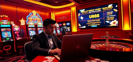 Experience the excitement of u888 login at a luxurious casino setting with vibrant gaming elements.