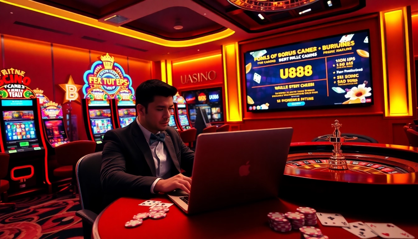 Experience the excitement of u888 login at a luxurious casino setting with vibrant gaming elements.