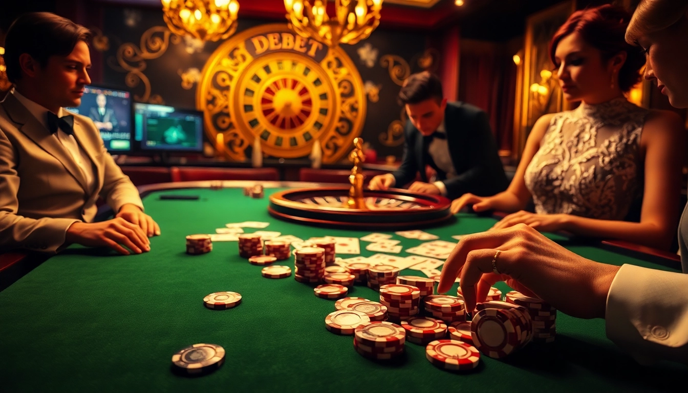 Experience DEBET excitement with a high-stakes casino table featuring rich poker chips and cards.