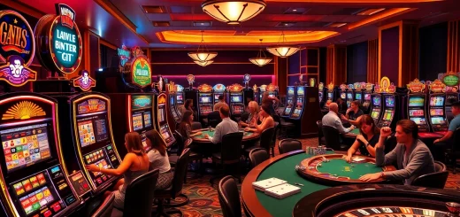 Players eagerly spinning slot machines in a vibrant casino environment filled with excitement.