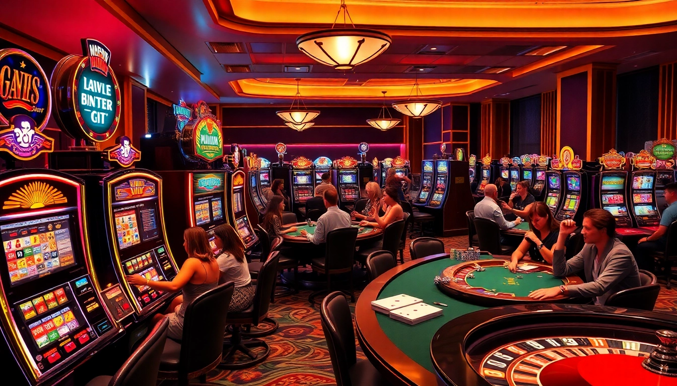 Players eagerly spinning slot machines in a vibrant casino environment filled with excitement.