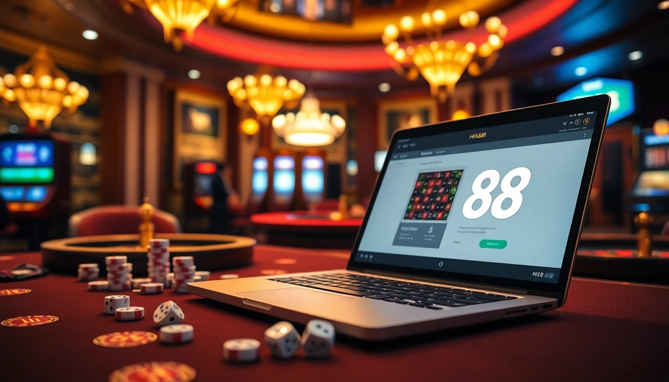 Exciting gaming atmosphere showcasing Hi88 online gambling interface with poker chips and roulette.