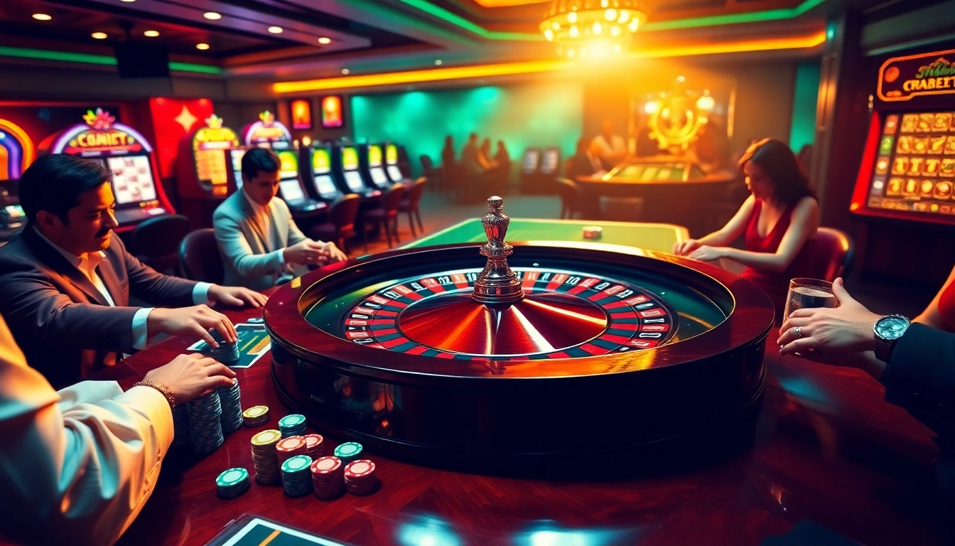 Engage in the thrilling atmosphere of a luxurious casino, showcasing Ketquaxoso with roulette tables and excited players.