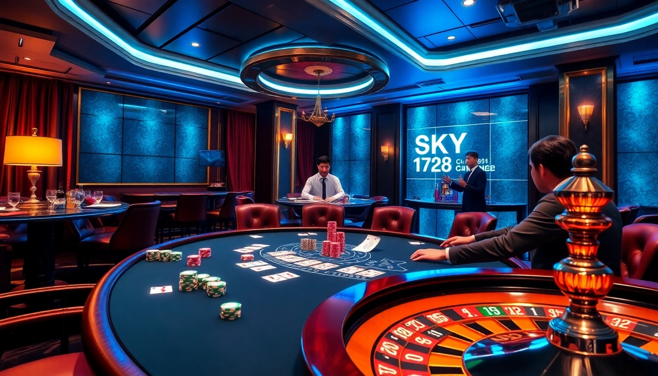 Experience the excitement of SKY88 with vibrant casino gameplay featuring poker chips and cards.