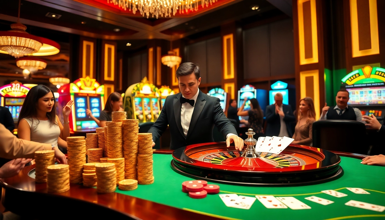 Exciting roulette action at 123win casino with vibrant players and luxury details.