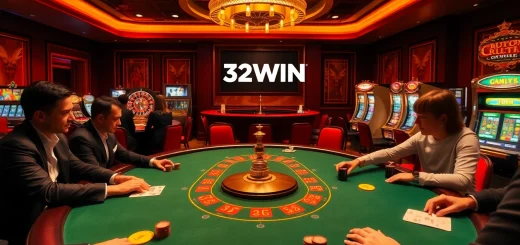 Players enjoying a high-stakes poker game at the luxurious 32WIN casino, with vibrant lighting and stunning decor.