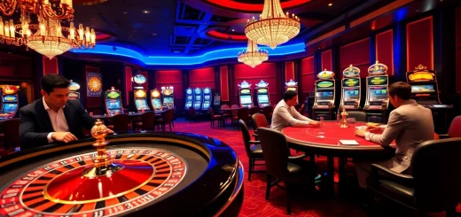 KK55 casino scene featuring a glamorous roulette table and engaged poker players in vibrant atmosphere