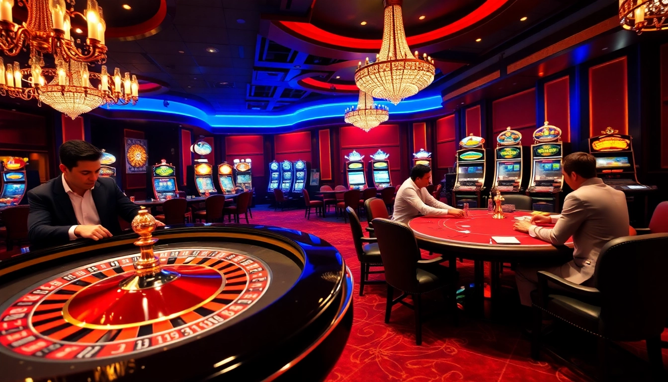 KK55 casino scene featuring a glamorous roulette table and engaged poker players in vibrant atmosphere