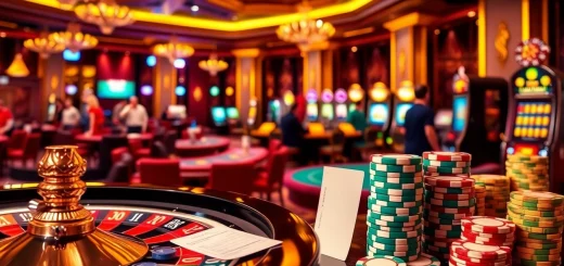 Engaging scene of Tool xổ số siêu tốc in a vibrant casino featuring roulette and poker tables.