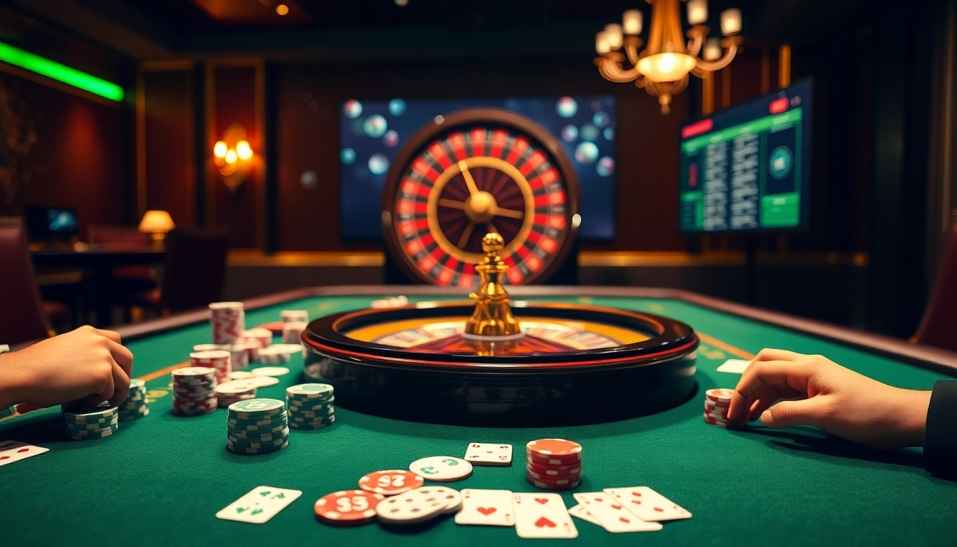 Engaging scene of eager gamblers at a situs toto table in a luxurious casino, featuring chips and cards.
