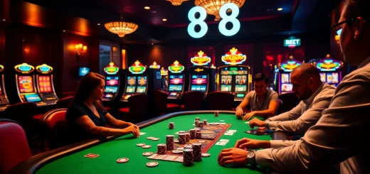 Experience the thrill of bet 88 at a lively poker table with vibrant chips and glamorous ambiance.