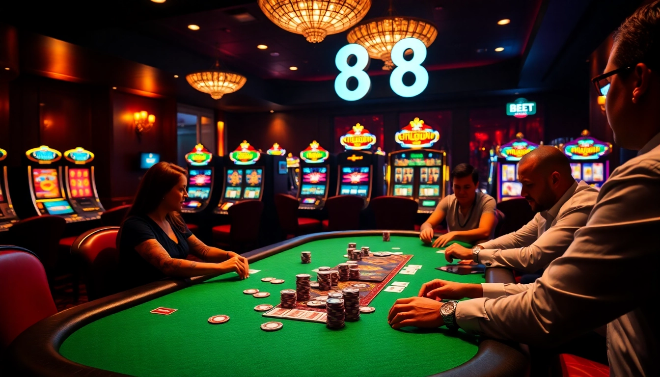 Experience the thrill of bet 88 at a lively poker table with vibrant chips and glamorous ambiance.