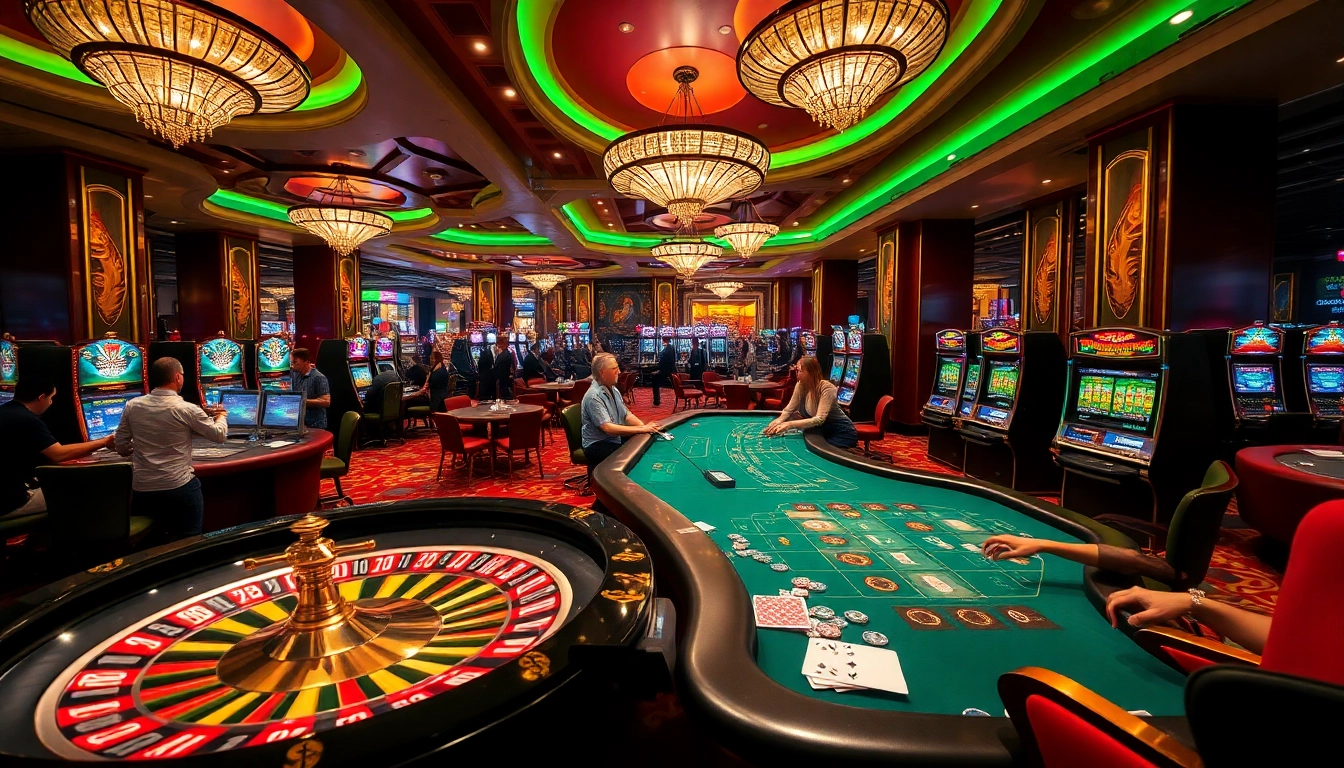 Experience thrilling casino gaming at u888 with vibrant tables, colorful slot machines, and excited players.