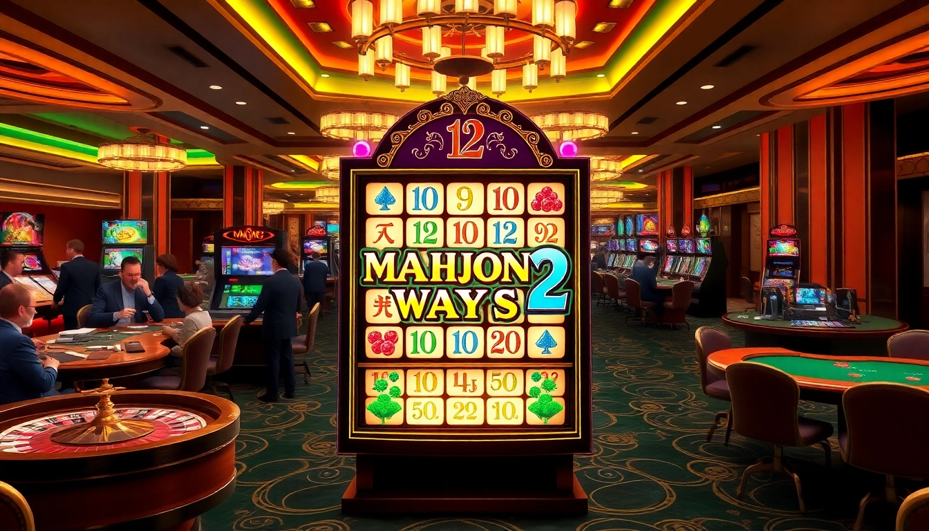 Berinteraksi dengan mesin slot Mahjong Ways 2 di kasino kelas atas, menampilkan grafis yang hidup dan permainan yang dinamis.