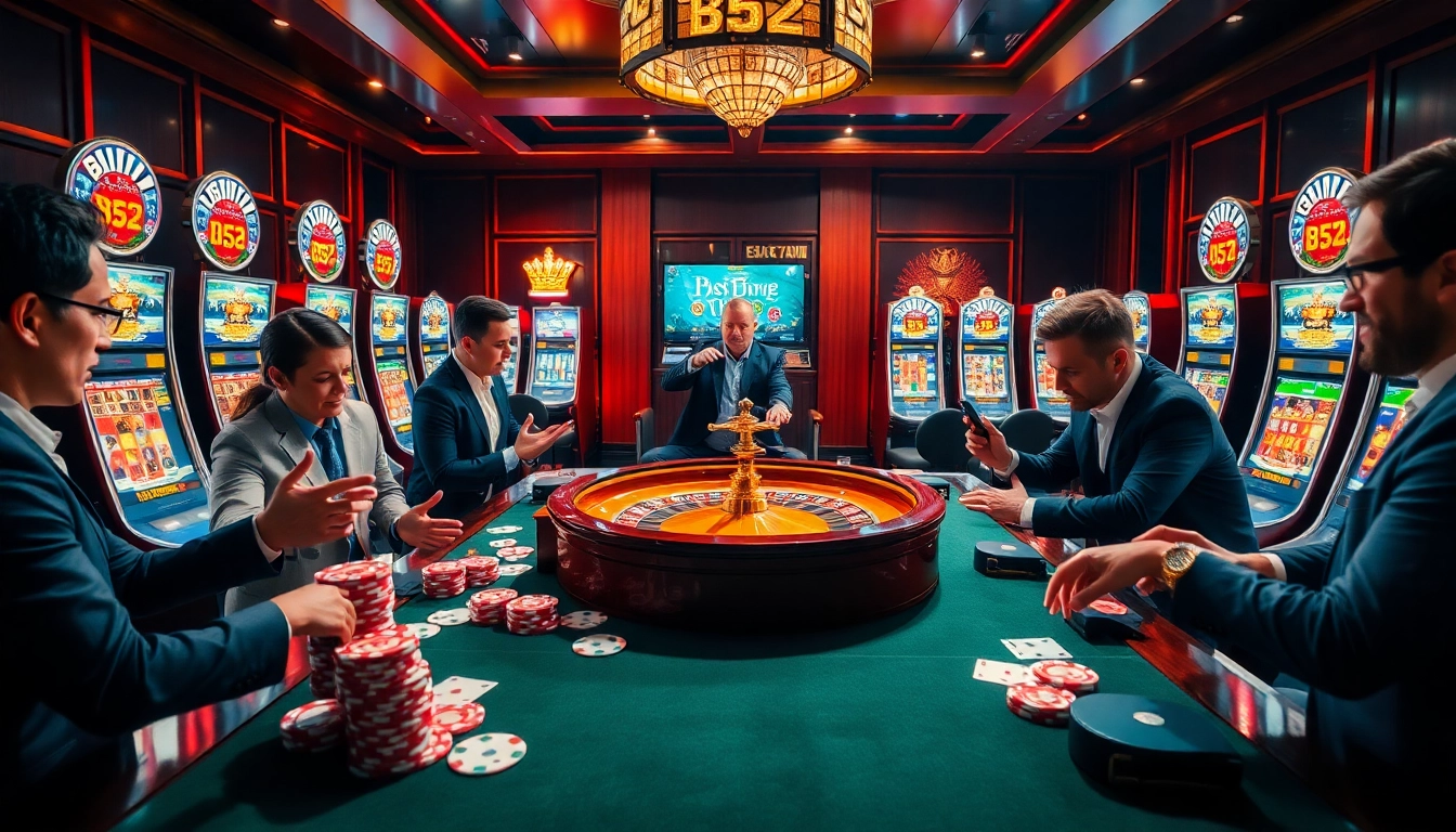 Players enjoy a thrilling b52 casino experience with poker chips and roulette wheel.