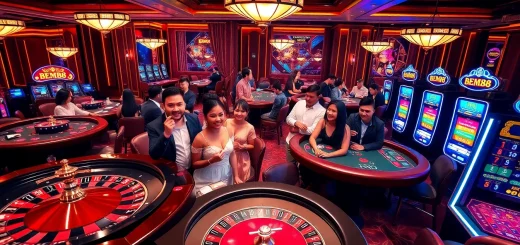 BEM88 players enjoying an exciting atmosphere at a luxury casino with roulette and poker tables.