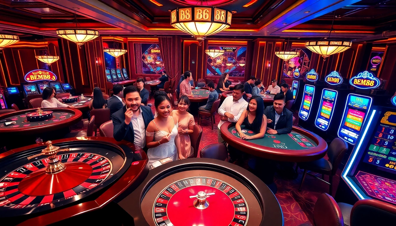 BEM88 players enjoying an exciting atmosphere at a luxury casino with roulette and poker tables.