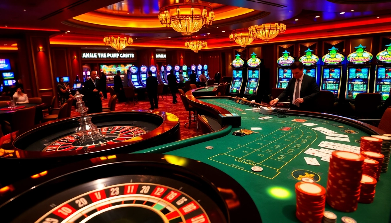 A vibrant casino atmosphere with roulette, poker chips, and cards at https://luckywin.com.co/ enticing players to bet responsibly.
