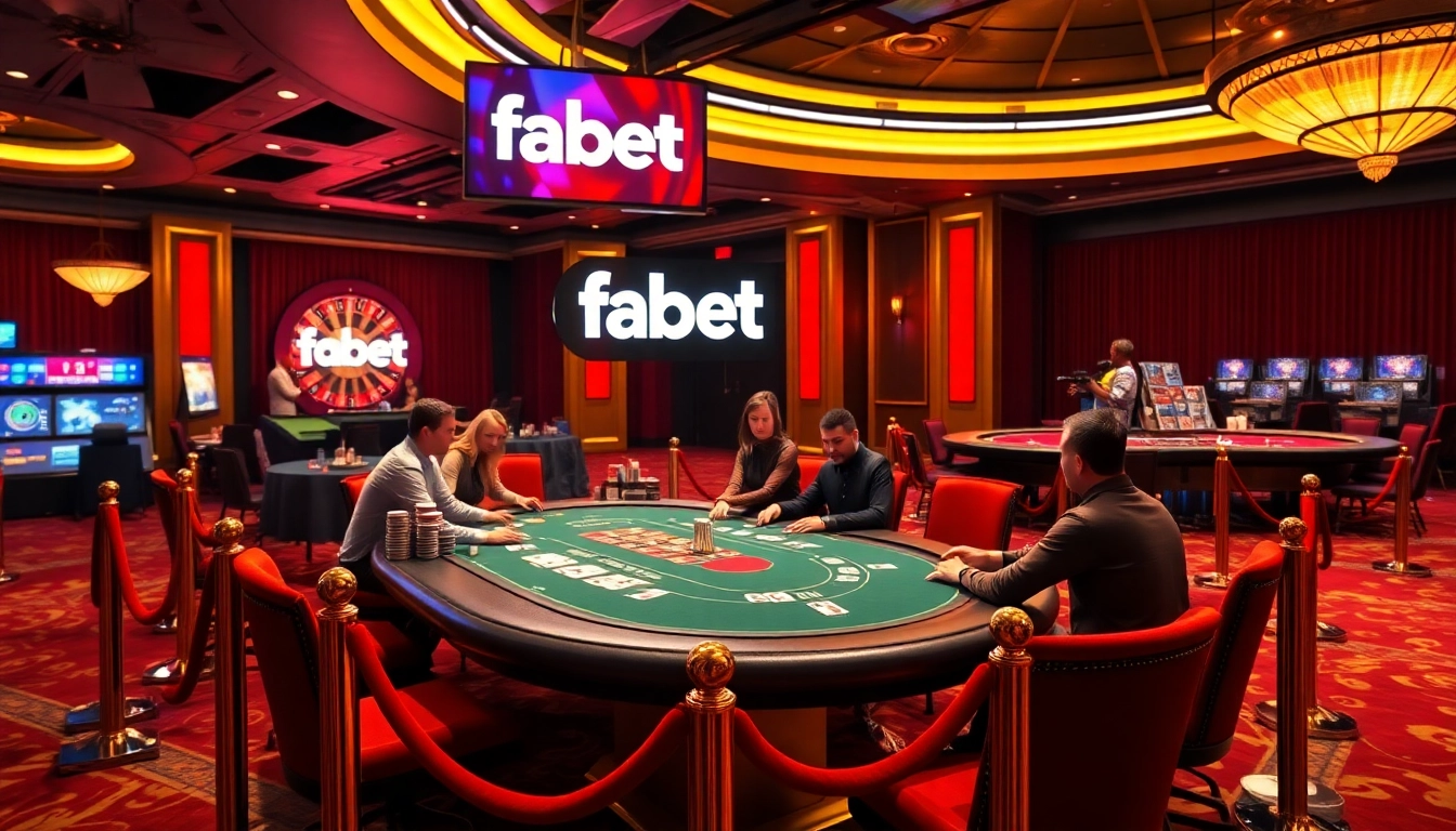 Engaged players at a high-stakes poker table in the luxurious Fabet casino.