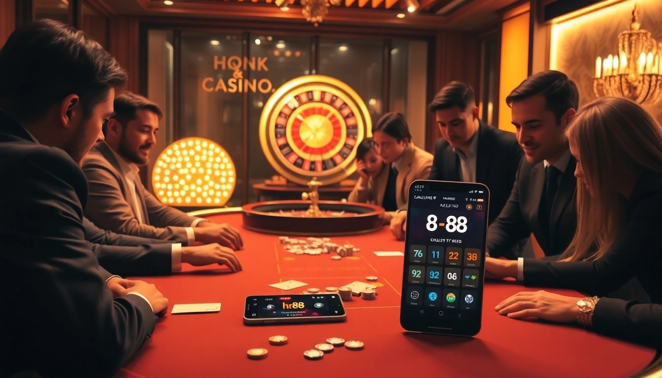 Players enjoying a poker game at a casino table, equipped with hb88 betting slips and chips.