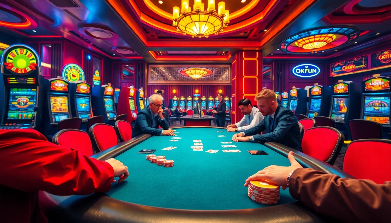 Experience a thrilling poker game at OKFUN, highlighting strategy and excitement in a luxurious casino setting.