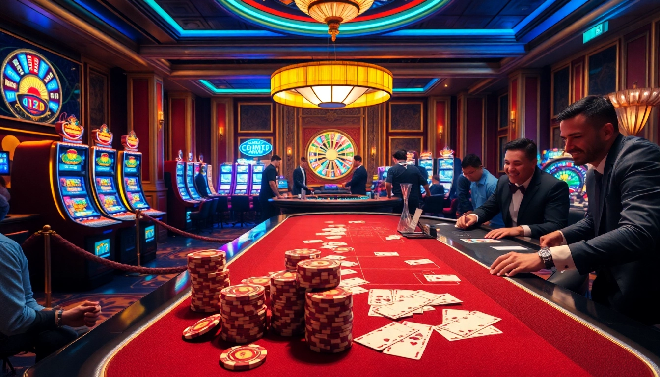 Excited players enjoying thrilling games at 6FF casino, with vibrant tables and luxurious decor.