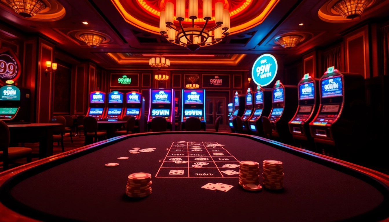 Experience a thrilling casino atmosphere at 99WIN with vibrant gaming interfaces and elegant decor.