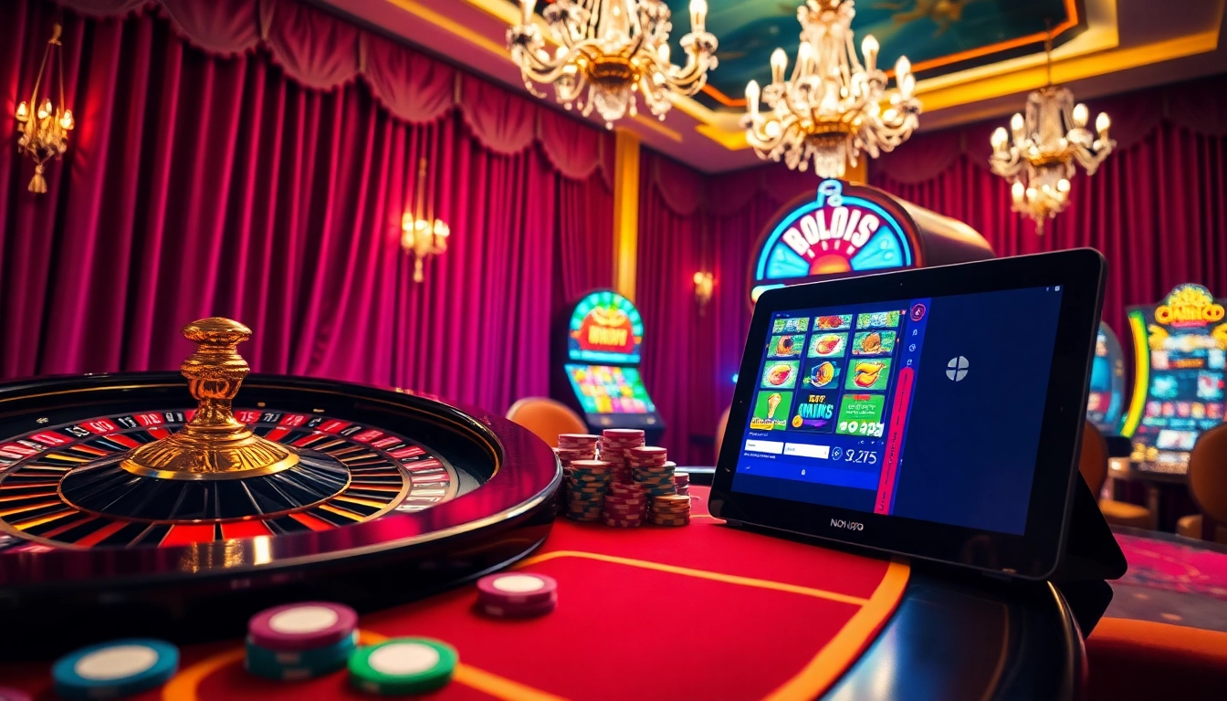 Experience thrilling casino action at NOHU90 with vibrant slot machines and poker chips.