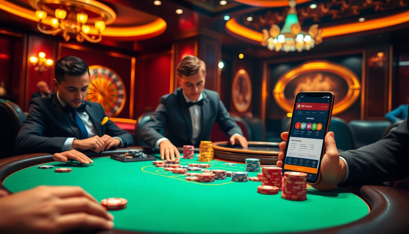 Exciting game scene at IWIN68 with poker and roulette elements, showcasing luxury gambling atmosphere.