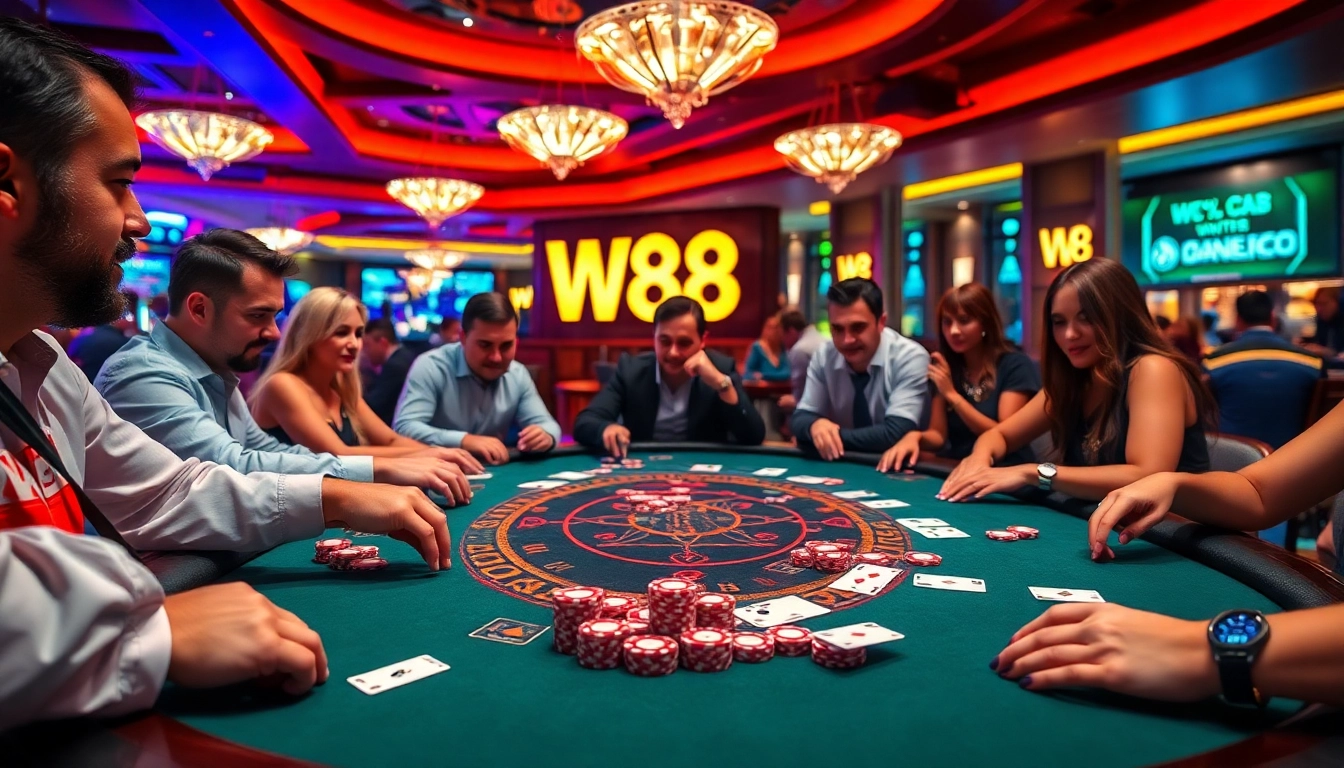 Players enjoying a thrilling poker game at W88 casino with vibrant atmosphere.