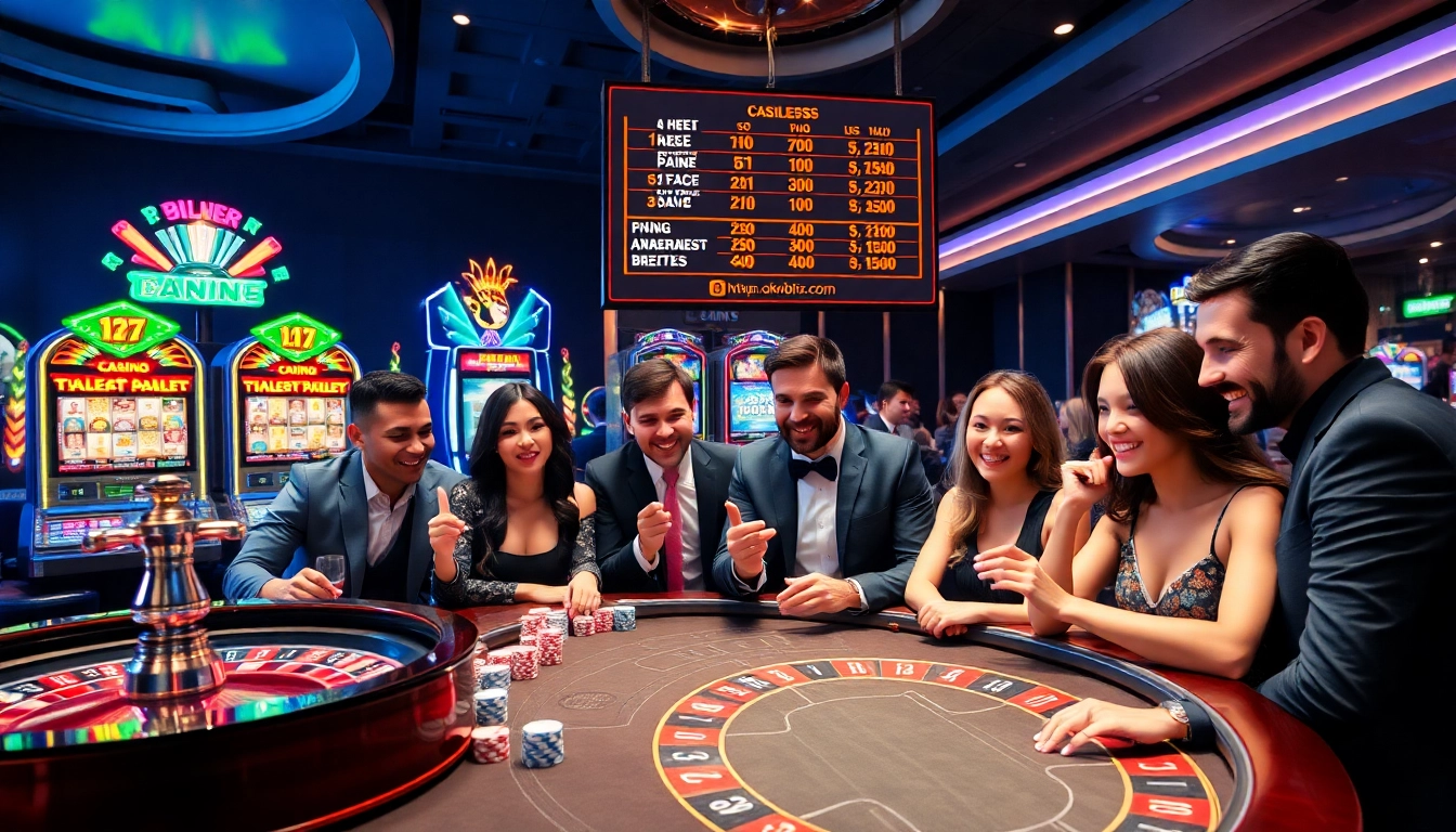Players enjoying a dynamic gaming experience at https://okwinbiz.com/, featuring roulette and poker chips.