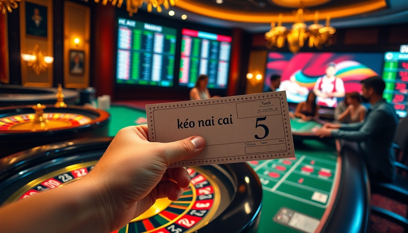 Exciting gambling environment showcasing keo nha cai 5 betting slip amidst poker and roulette.