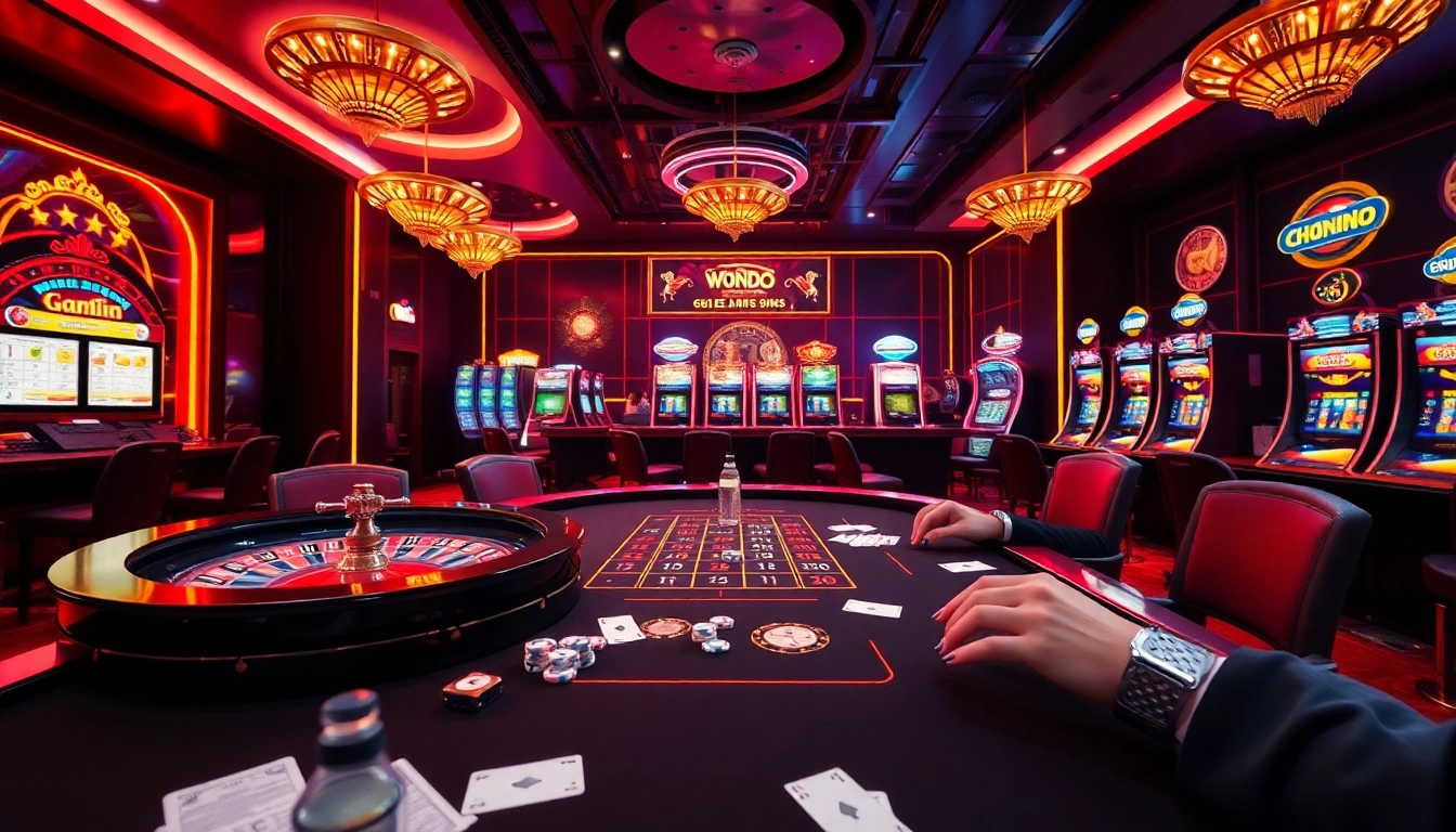 Experience thrilling gameplay in SODO's luxury casino featuring roulette, poker, and vibrant neon lights.