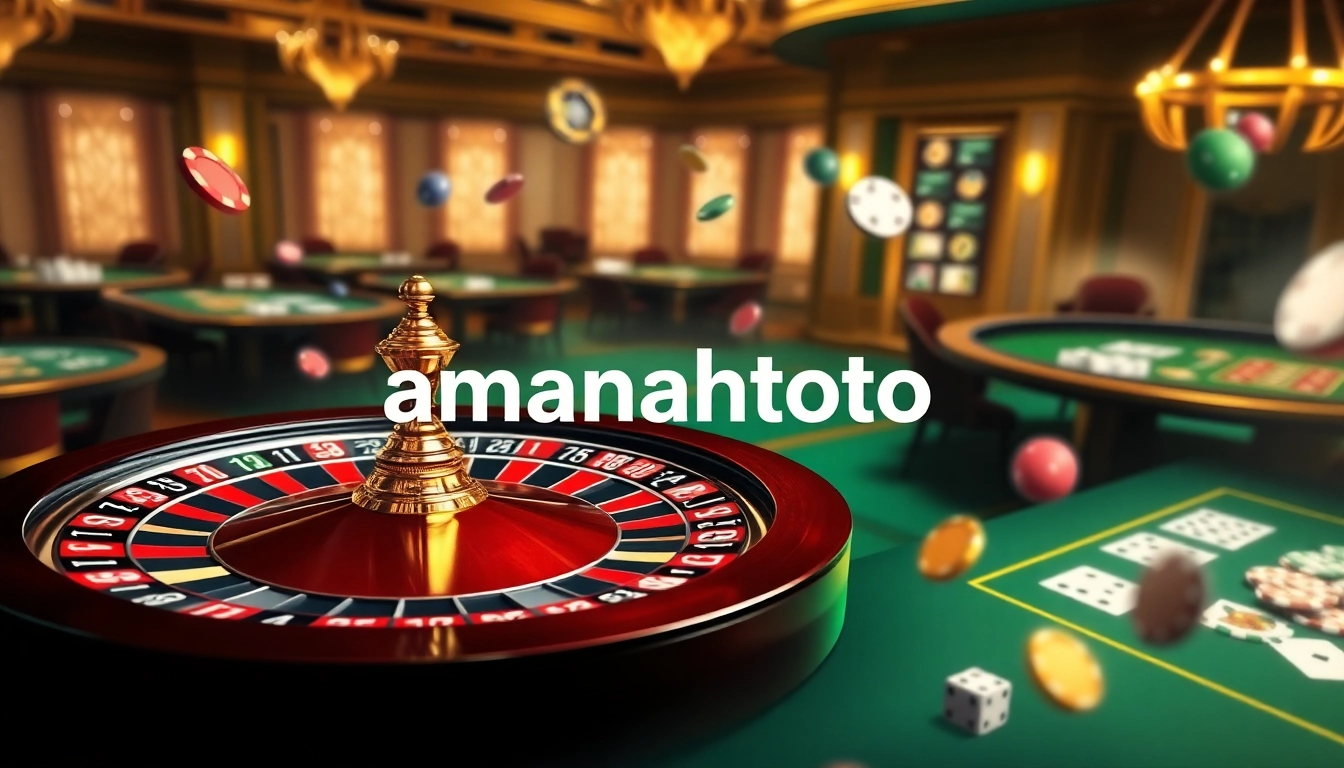 Experience the excitement of amanahtoto with vibrant casino games and a spinning roulette wheel.