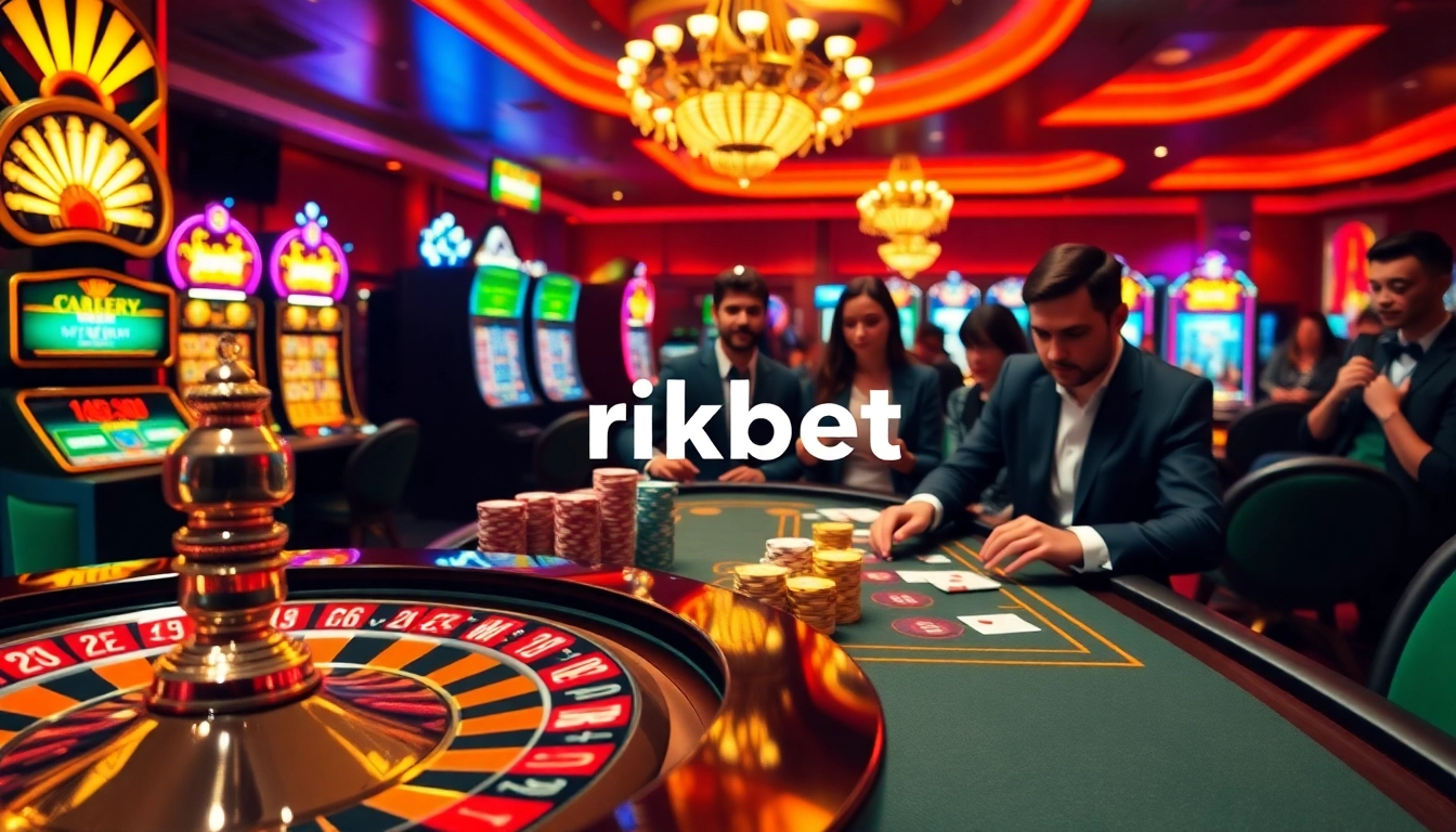 Experience the excitement of gambling at Rikbet with poker chips and a spinning roulette wheel.