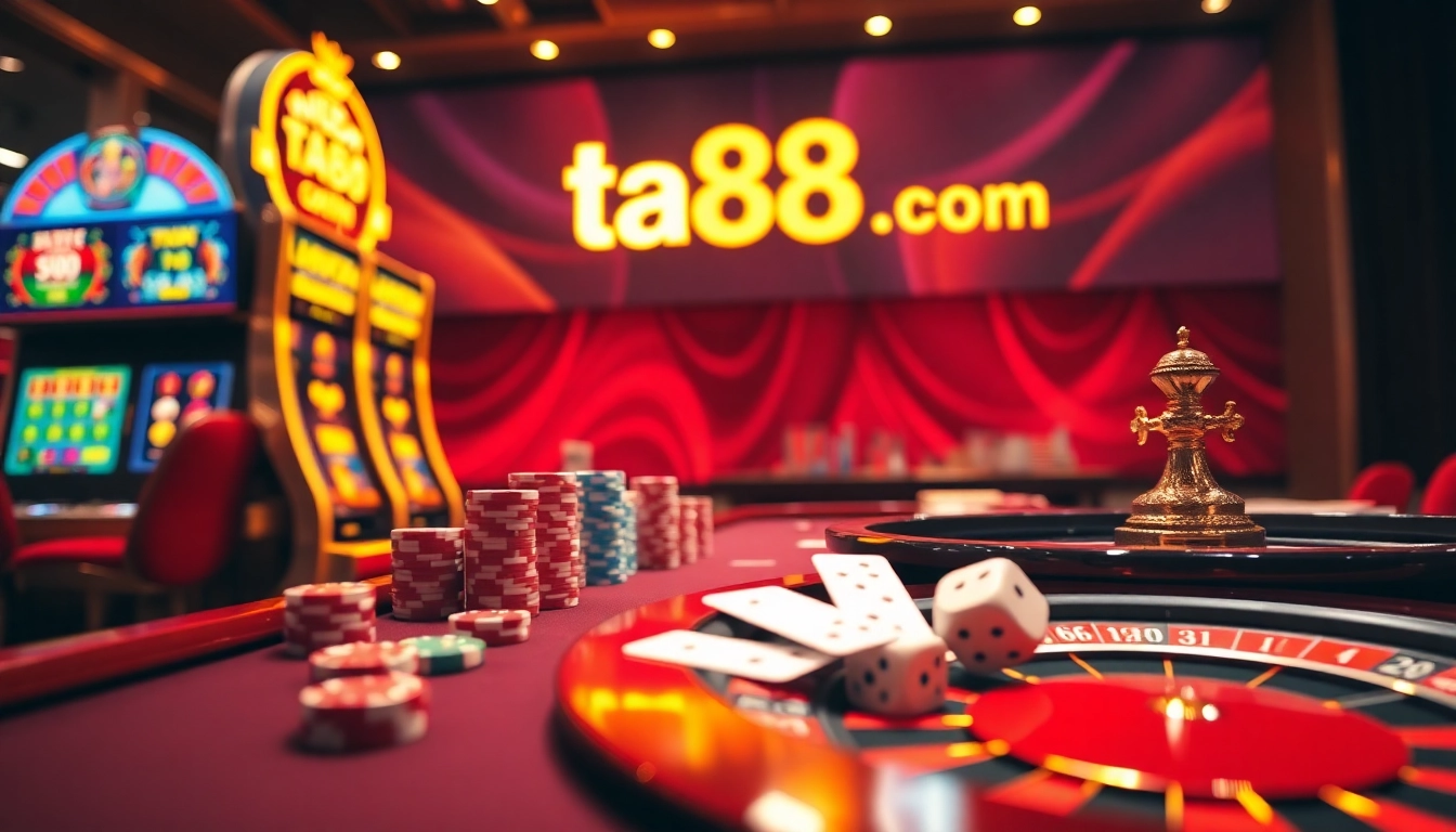 Experience thrilling online gaming at ta88 com with luxurious casino tables and vibrant slot machines.