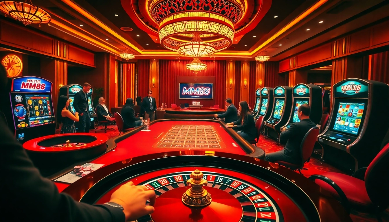Players enjoying the excitement of MM88 casino games with roulette and poker tables.
