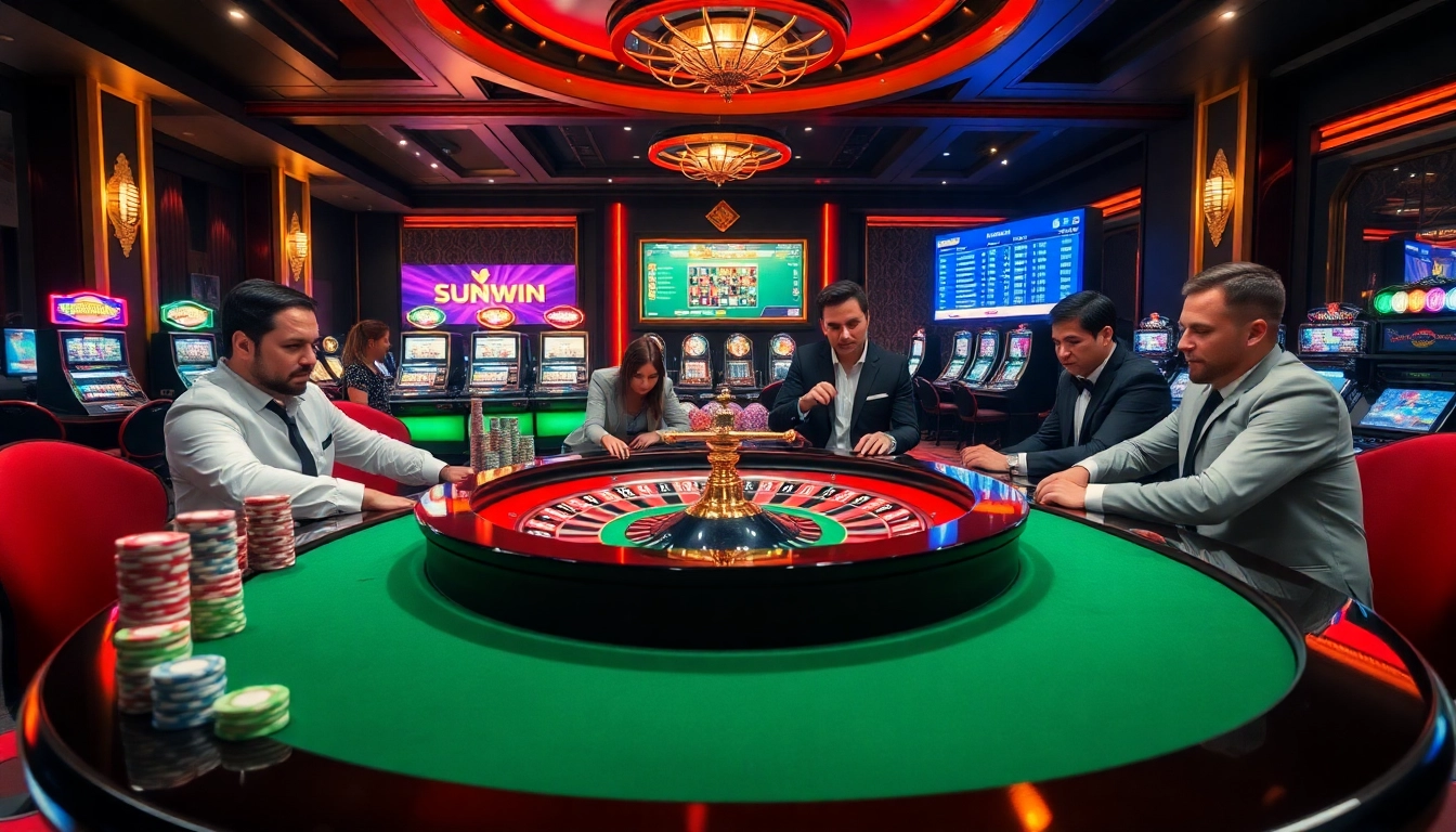 Players enjoying high-stakes bets at the Sunwin casino table with vibrant colors and elegance.