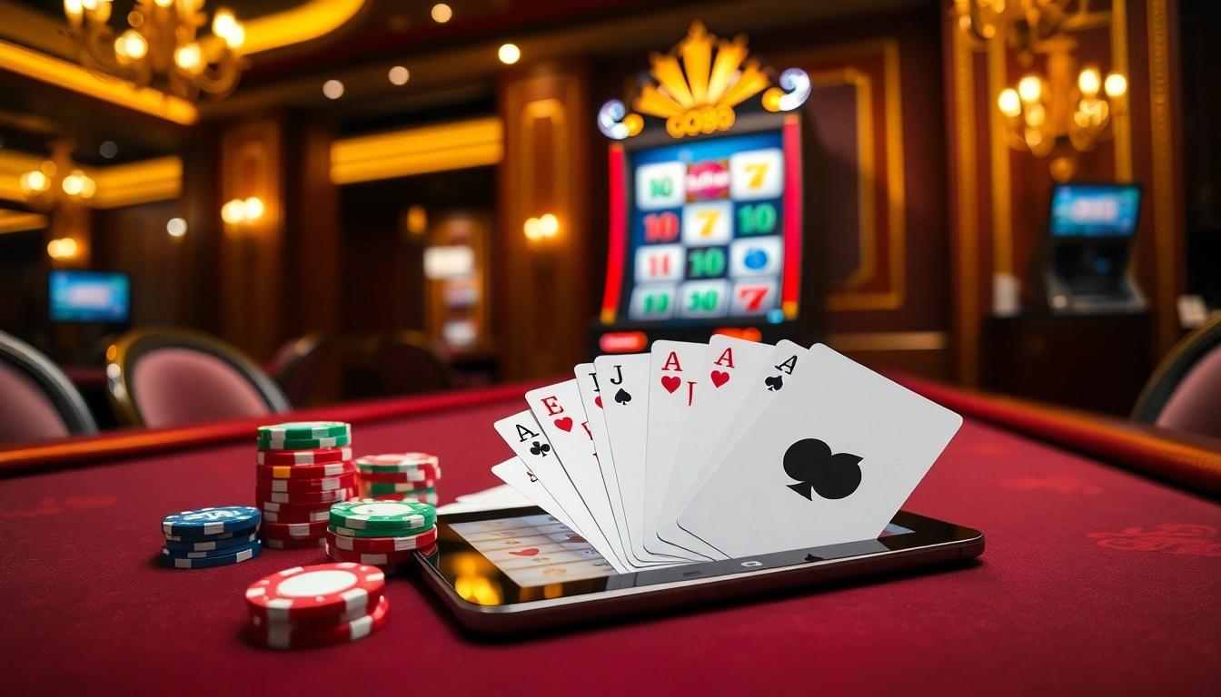 Engaging scene of online gambling at nhà cái go88 with poker chips and a slot machine.