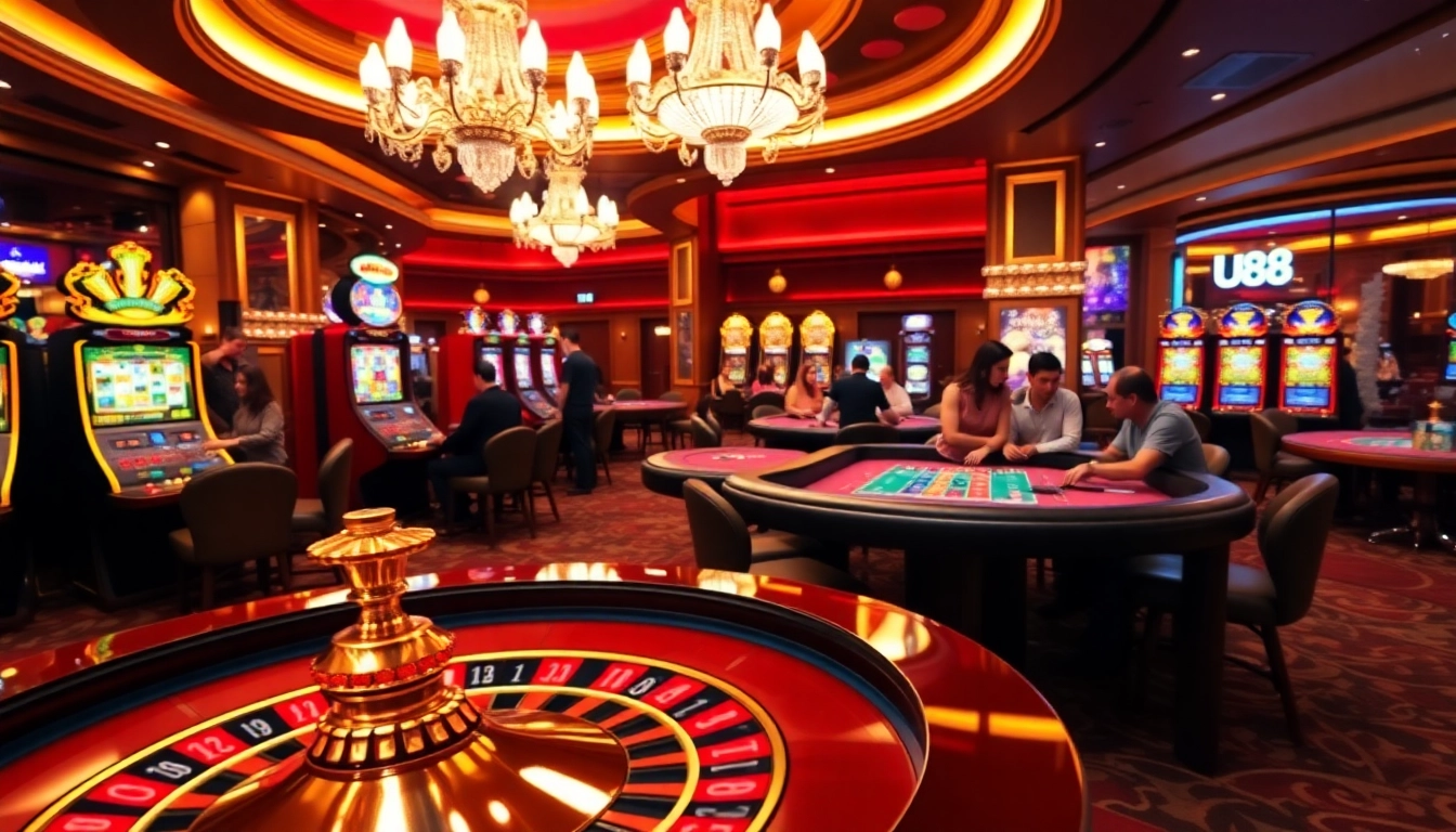 Players experiencing excitement and strategy at U88 casino tables and slot machines.