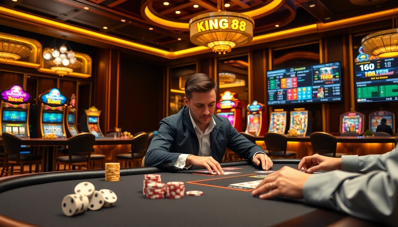 Experience the excitement of king88 with a vibrant casino scene showcasing poker chips and lively betting tables.