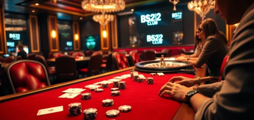 Gamblers enjoying intense poker action at B52 Club casino table with vibrant decor.