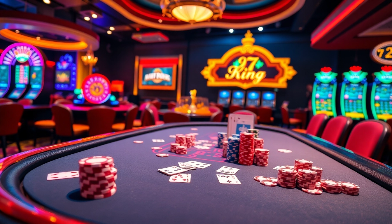 Experience high-stakes action at 79 King casino, featuring poker tables and vibrant slot machines.