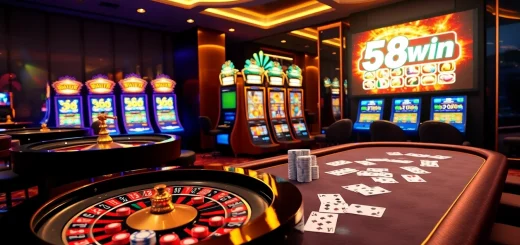 Experience the excitement of 58win with an elegant casino setup showcasing roulette and poker tables.