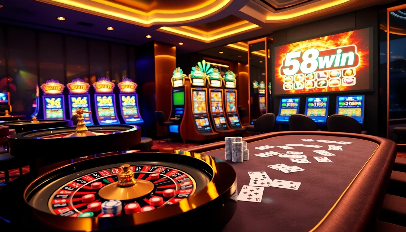 Experience the excitement of 58win with an elegant casino setup showcasing roulette and poker tables.