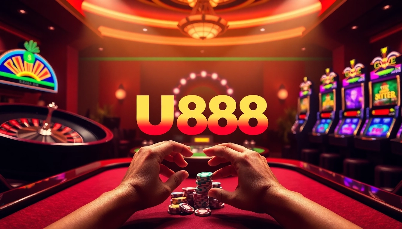 Experience the vibrant excitement of U888 with poker chips and a roulette wheel.