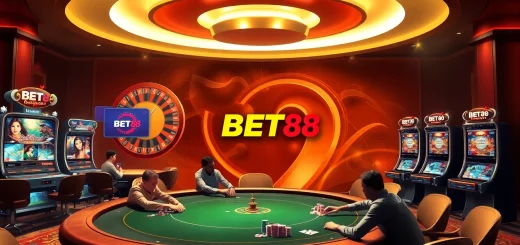 Players enjoy a thrilling poker game with BET88 branding at an elegant casino.